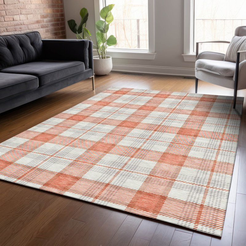 Coral and White Plaid Washable Synthetic Rug 2'6" x 3'10"