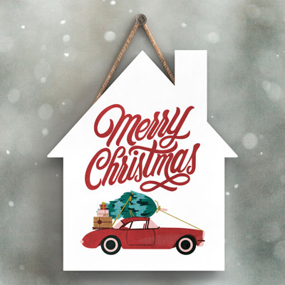 Xmas Merry Christmas Car Wooden House Plaque