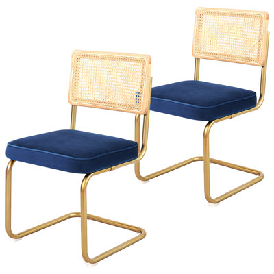 Set of 2 Modern Armless Dining Chairs, Blue Velvet Upholstered Cushion with Natural Rattan Backrest & Gold Metal Legs, Accent Chairs for Kitchen, Living & Dining Room
