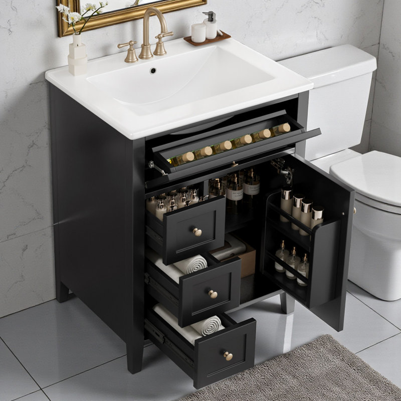 24" Single Bathroom Vanity Set, Black, Gold