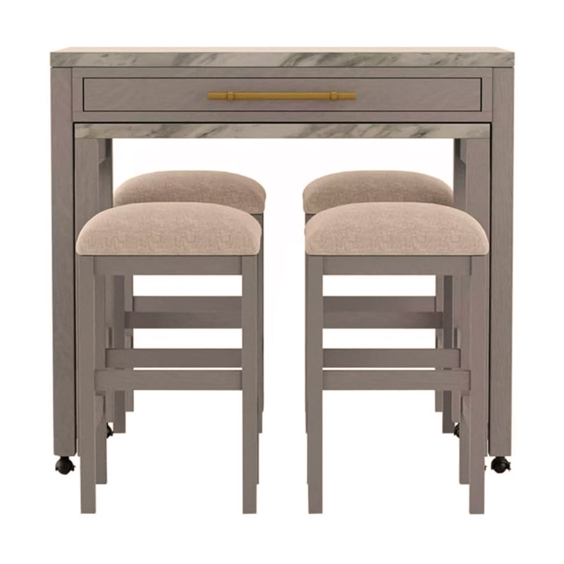 Ensemble de salle à manger rustique 5 pièces à hauteur de comptoir avec tiroir et plateau de rangement en faux marbre et 4 tabourets gris clair