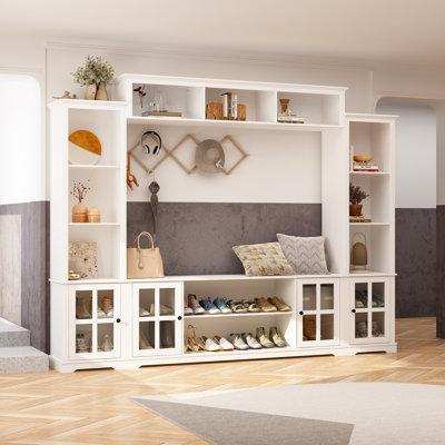 Starlin 102" Wide Entryway Hall Tree With Multi Shelves And Glass Door Cabinets