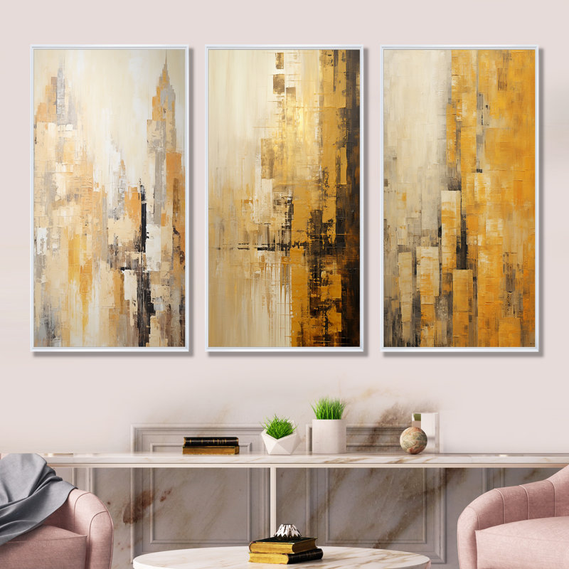 Ensemble de 3 décorations murales modernes gratte-ciel Skycraper, Cadre flottant blanc, H 28 po x l 36 po