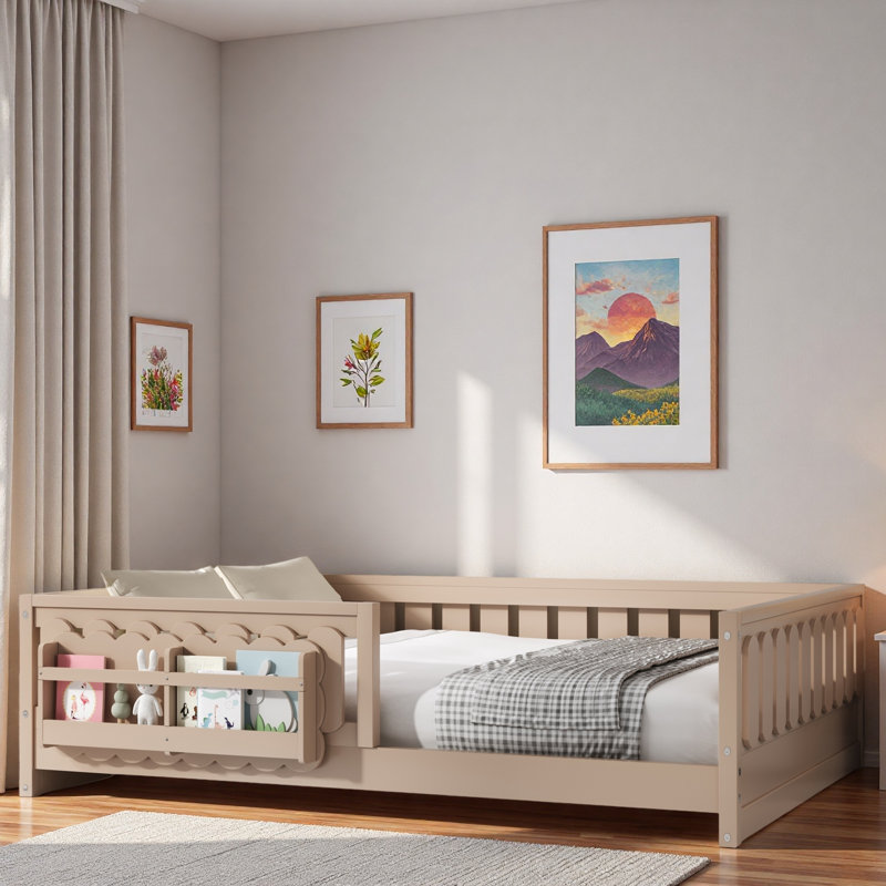 Lit plateforme en bois avec garde-corps et tablettes de rangement, Double