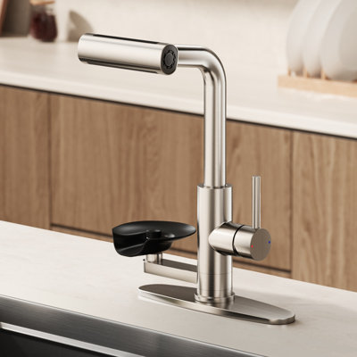 Robinet de cuisine rétractable en nickel brossé avec rinçage en verre intégré et mode cascade