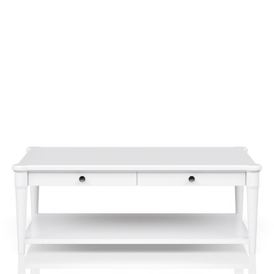 Table basse blanche de style décontracté avec 2 tiroirs, 2 compartiments de rangement en bois massif et aspect transitionnel
