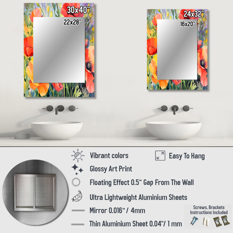 Vibrant Poppies I - miroir floral, miroir mural traditionnel unique, impression d'art en métal, 32 po x 24 po