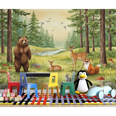 Whimsical Woodland Forest Animals Watercolor Wallpaper – Forest Scene with Bear, Deer, Fox & Friends, Dreamy Children’s Room Wall Art  299DRE