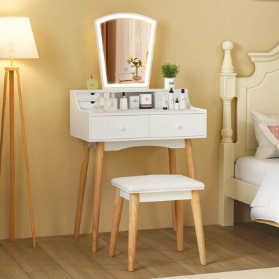 Vanity Desk Set With Lighted Mirror 3-color Adjustable Led Lights Drawers by George Oliver