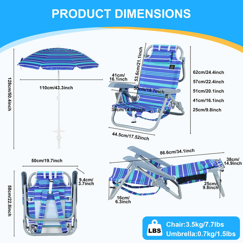 Kids Folding Beach Chair with 5 Reclining Positions, Tilt Umbrella, and Backpack Straps (1 Pack)