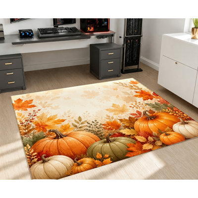 Tapis d'automne avec citrouilles et feuilles d'érable, motif automnal vibrant, style aquarelle artistique, surface en velours, antidérapant, décoration intérieure festive pour salon, chambre, salle à manger, cuisine, entrée, couloir.