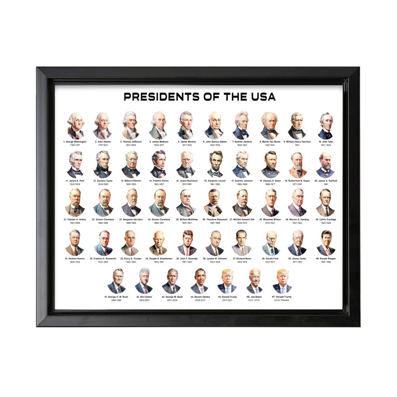 Présidents des États-Unis, Cadre noir, Canevas, H 12 po x l 16 po