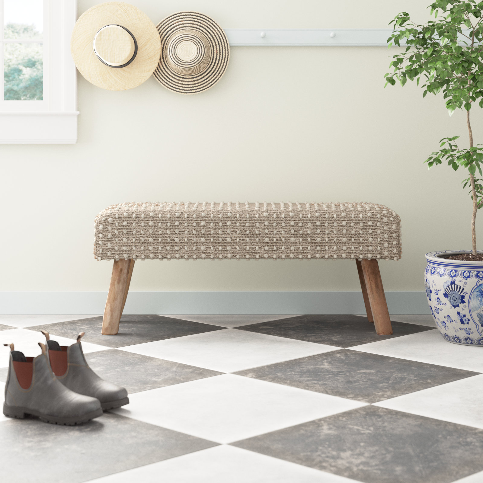 Verada 48-inch Long Handwoven Natural Wool and Eucalyptus Wood Bench