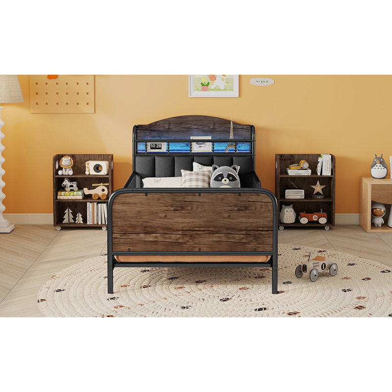 Metal Twin Bed Frame With Upholstered And Storage Headboard, Pull Out Shelves, Low - Profile Design, Black Size Platform Led , Shelves All Round Guardrails,