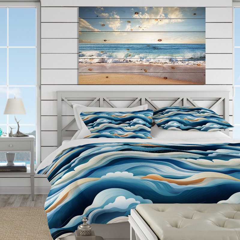 Literie à vagues bleues et blanches, Housse de couette pour très grand lit et 2 très