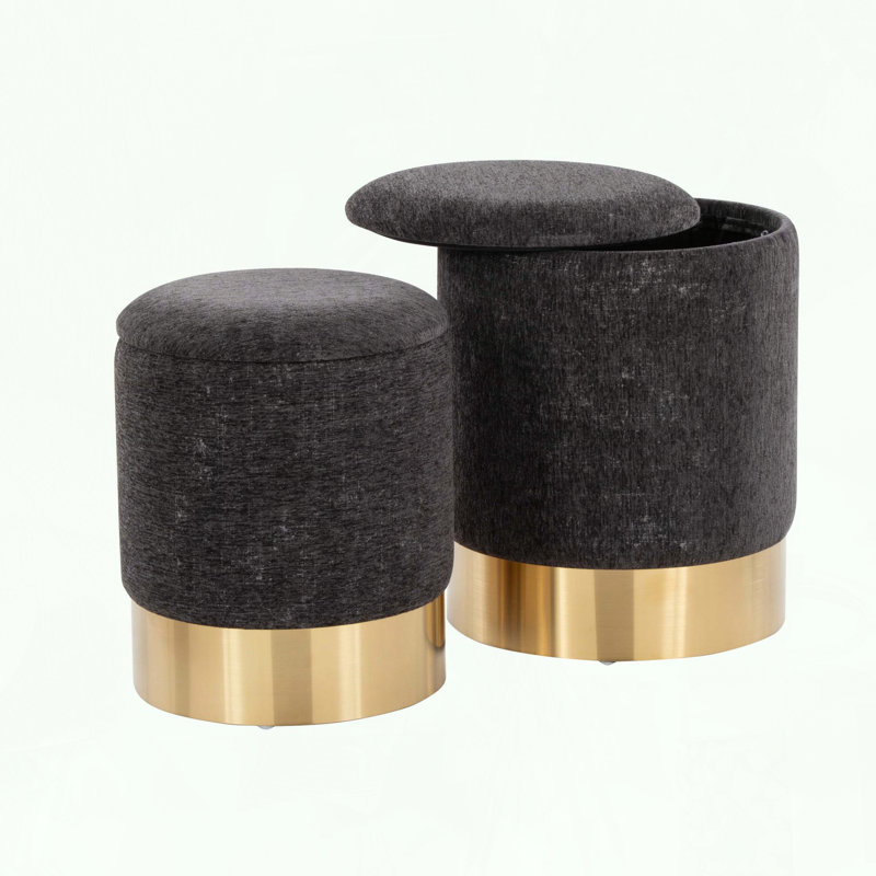 Contemporary Nesting Ottoman Set with Gold Metal Base, Black