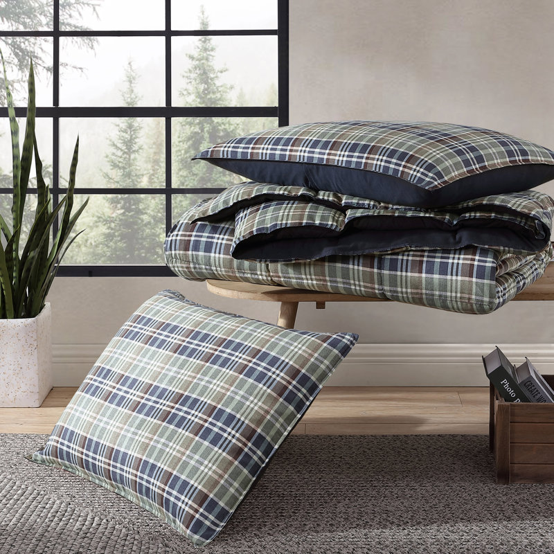 Ensemble d'édredon réversible à motif écossais Wildflower, Édredon pour lit simple + 1 taie décorative stan, Marine