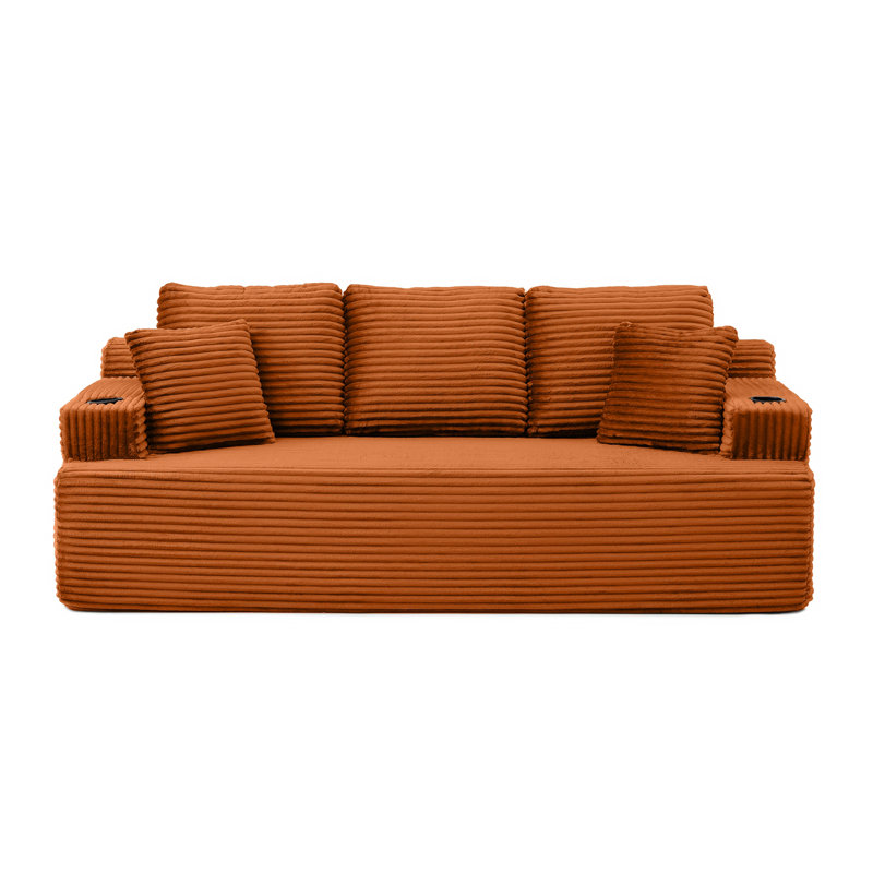 Canapé désossé avec 2 coussins supplémentaires, tissu en velours côtelé 5 places avec porte-gobelet et poche latérale avec revêtement de sol facile à installer, orange