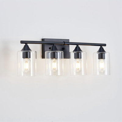 Luminaire de salle de bain 4 lumières noir mat, luminaire mural industriel avec abat-jour en verre transparent, lampe de salle de bain en métal pour miroir de meuble-lavabo moyen (sans ampoule)