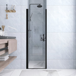 24 .In W X 72 .In H  Half  Frame,Pivot Shower Door  With 1/4 Inch Thick Clear Tempered Glass  In Matte Black  |Aluminum Frame | Stainless Steel Handle