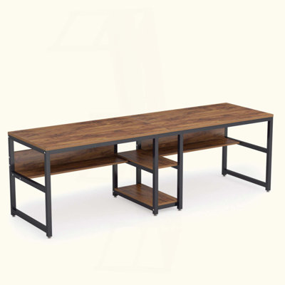 Double Desk For Two Person With Bookshelves, Industrial 2-Person Computer Workstation With Storage Shelves, Home Office Study Writing Table