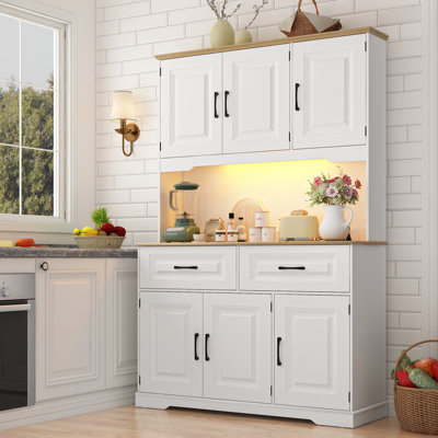 Cage Farmhouse Pantry, armoire de 71 po de hauteur avec prise de courant, éclairage à DEL, 2 tiroirs, 8 portes et rangement ouvert pour la cuisine et la salle à manger