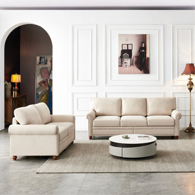 Linen Fabric Covered 2+3 Sectional With Storage In Beige Hue - Solid Wood & Metal Structure, Comfortable High Elasticity Sponge And Cushions, 7-Inch Thick Seat Cushions Upholstery  Beige