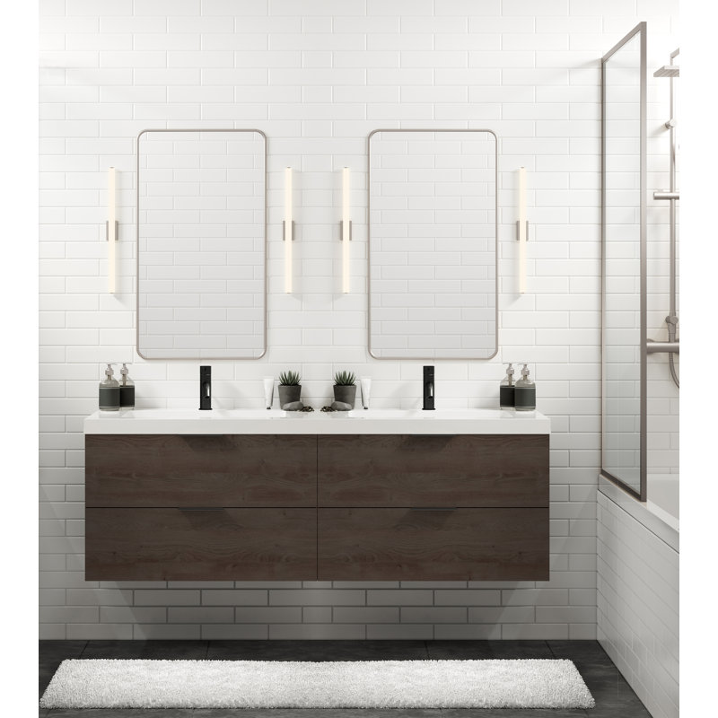 Avila 60" W Wall Mounted Double Bathroom Vanity, Glossy White/8" Widespread, Nocino, Matte Black