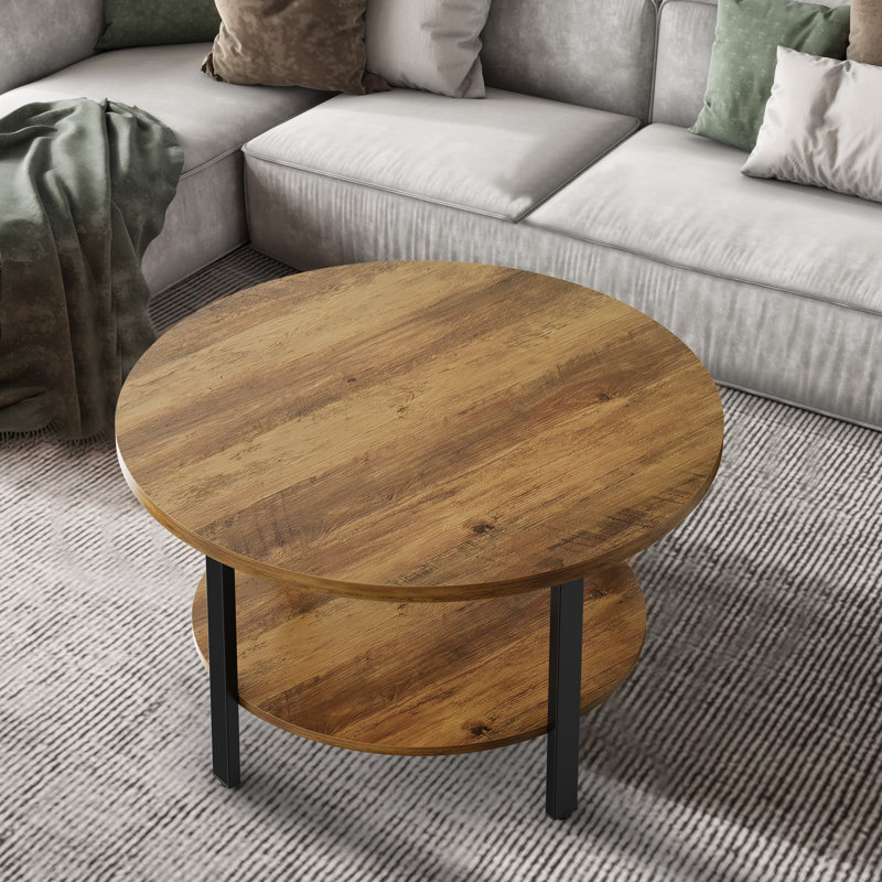 Lucylla Single Round Coffee Table with 2-Tier Storage, Rustic Oak