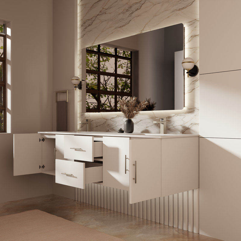 Ensemble de meuble-lavabo double mural 72 "Geneva, Blanc lustré, Quartz blanc
