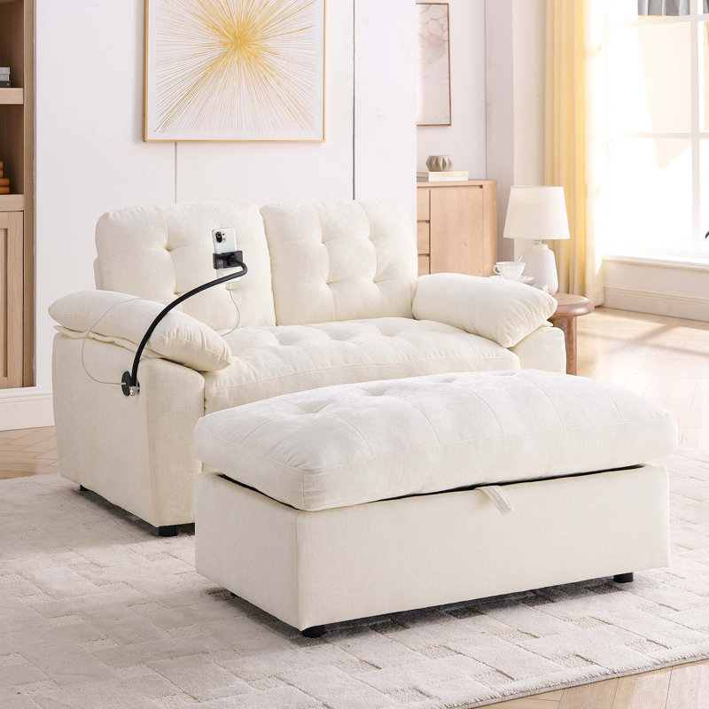 Double Sofa Recliner with USB Charging and Storage Ottoman, Beige
