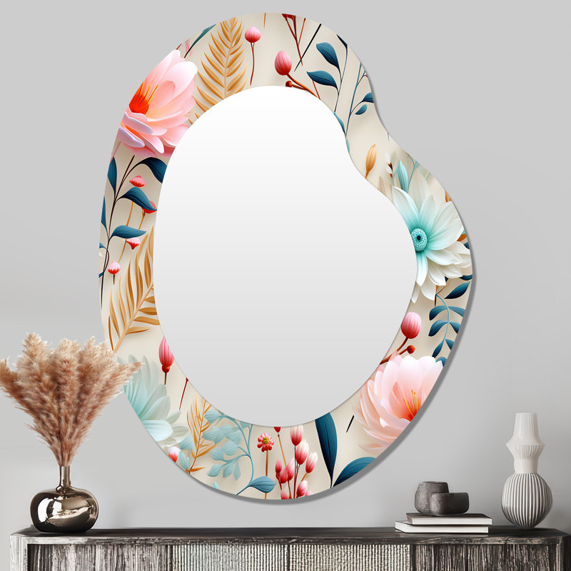 Motif de fougères pastel bohémien pastel III - miroir décoratif floral asymétrique, grand miroir de forme irrégulière rose, impression sur métal