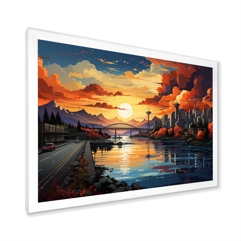 City Vancouver Sunset Popart, reproduction d'art sur toile, H 12 po x l 20 po x P 1 po, Cadre simple blanc