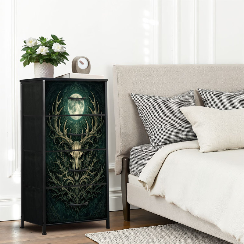 Commode 4 tiroirs pour chambre à coucher, commode étroite, plateau en bois et structure de bureau en fer 18 po x 37,5 po (lxH) - avec crâne de cerf gothique foncé et impression pleine lune