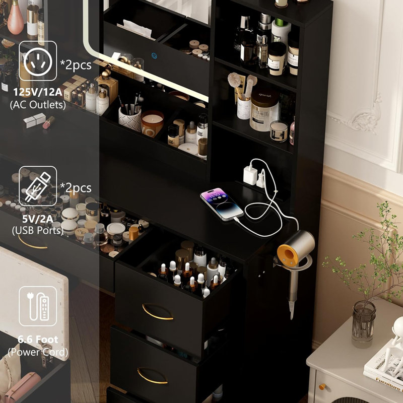 47"  Vanity Desk with LED Lighted Mirror,Drawers & Cabinets, Makeup Table with Power Outlet,  Adjustable Lighting Modes