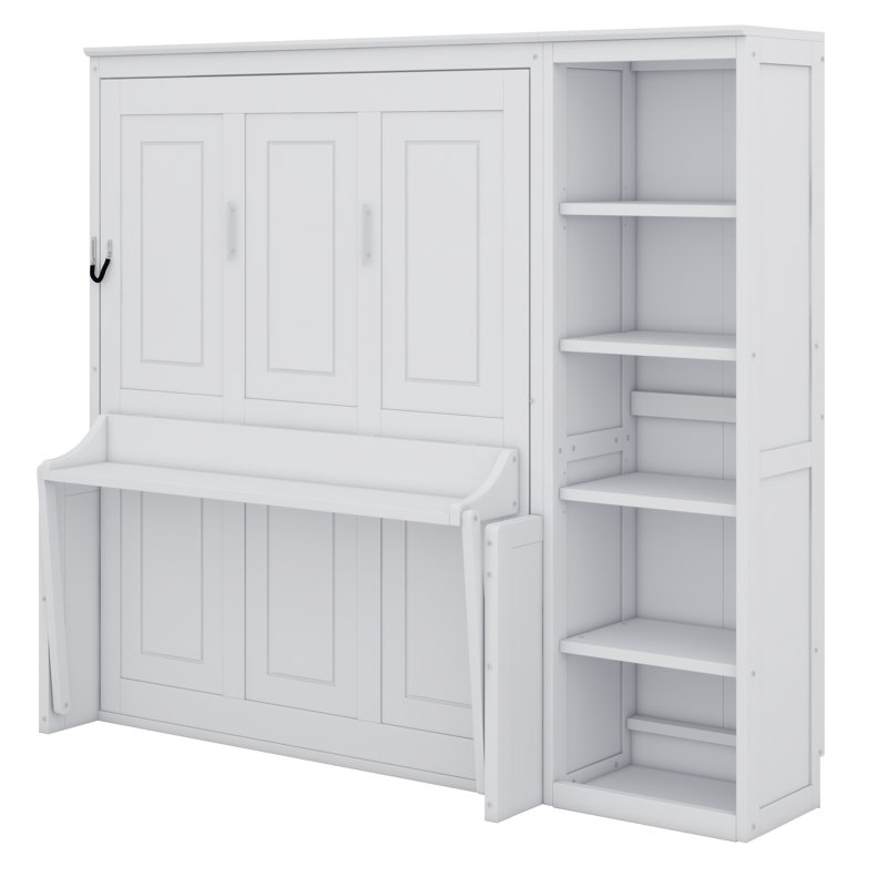Lit escamotable avec bureau et bibliothèque Murphy, Double, Blanc