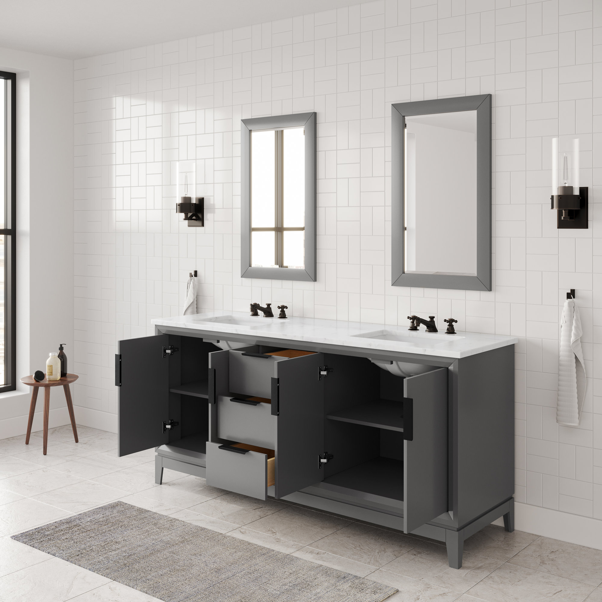 Elizabeth 72" Carrara White Marble Countertop Bath Vanity with Faucet, Standard, Cashmere Grey