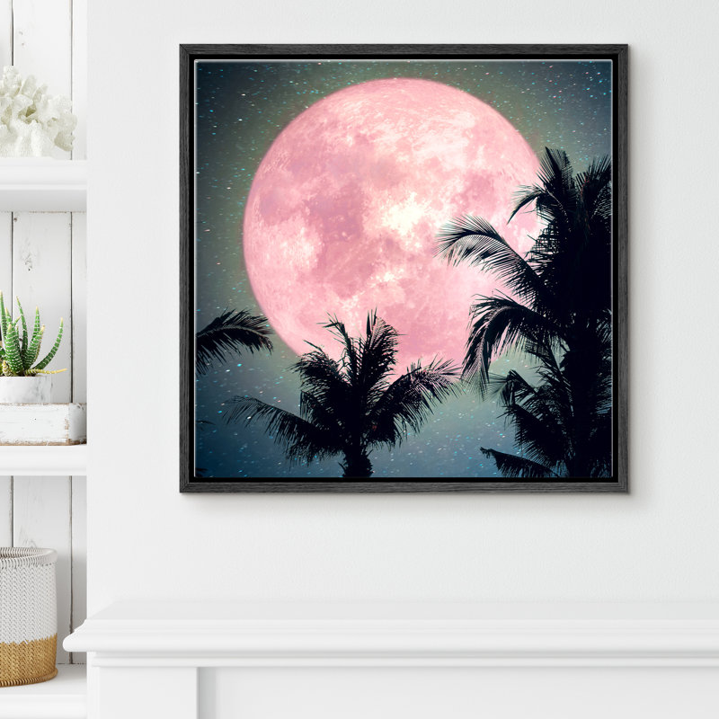 Signe, reproduction d'art sur toile encadrée, lune rose qui brille derrière les palmiers, astronomie et espace, art numérique, art moderne, rustique, coloré, pour le salon