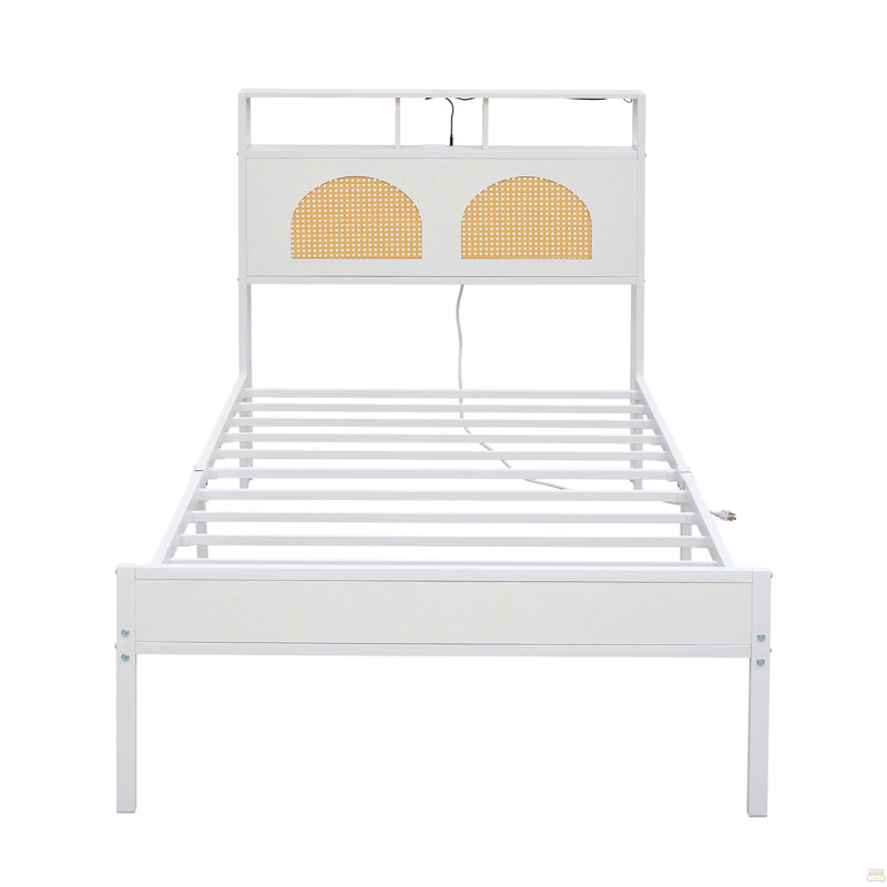 Cadre de lit simple avec tête de lit, lit plateforme avec DEL et station de charge