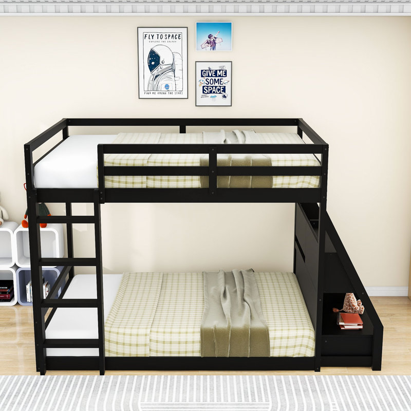 Lit superposé double en bois avec 2 tiroirs et tablettes, Noir