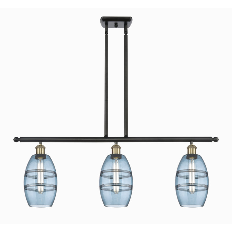 Luminaire suspendu pour îlot de cuisine 3 lumières Dundrod, Bleu princesse, Laiton antique noir