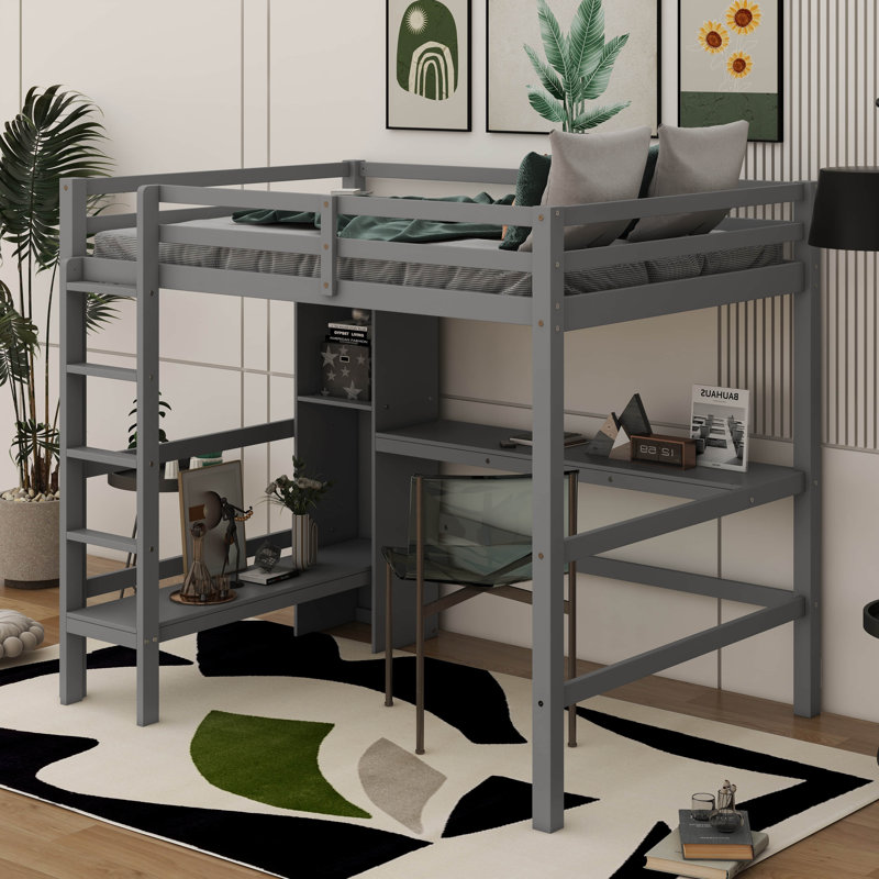 Lit mezzanine double avec tablettes multifonctionnelles et bureau sous le lit, Gris