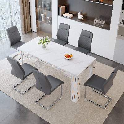 71" Faux Marble Finish Dining Table Set For 6/8, Modern Rectangular Kitchen & Dining Room Set With PU Leather Chairs