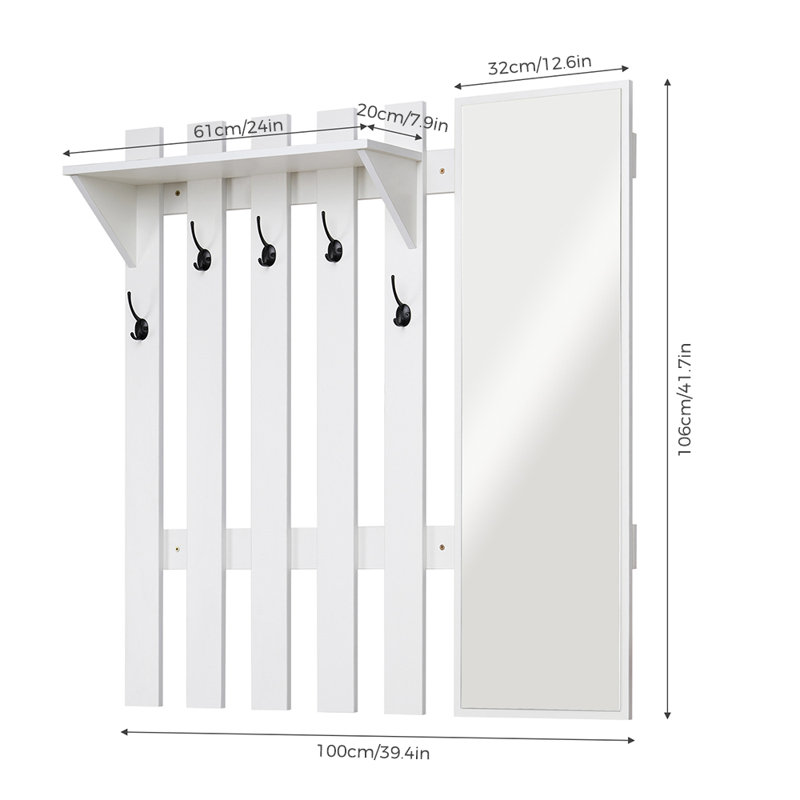 Modern style coat rack with 5 hooks and mirror, White