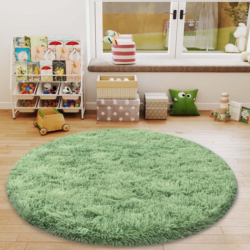 Mint Green Round Shag Rug Non-Slip Long Pile Round Rug 6 ft Silk-Blend Rug Round Shag Rug Perfect for Teen Rooms Suitable for Bedrooms Suitable for Living Rooms Antibacterial Durable Material