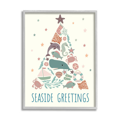 «Seaside Greetings», arbre de Noël animaux aquatiques et botanique noir, estampe numérique, art texturé par Darlene Seale