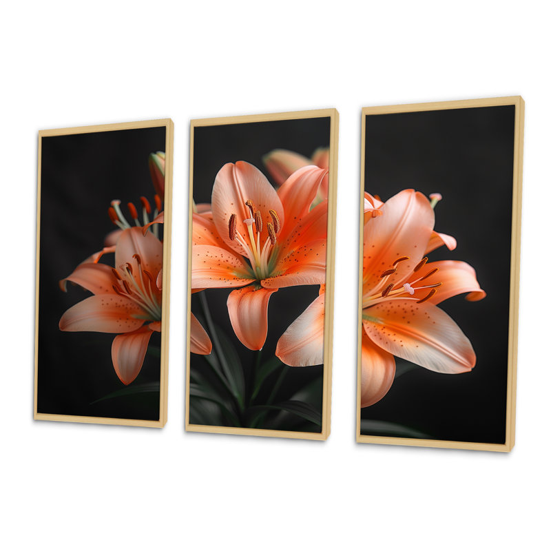 Ensemble de salon art mural lys orange printemps noir photo III, Toile naturelle avec cadre flottant
