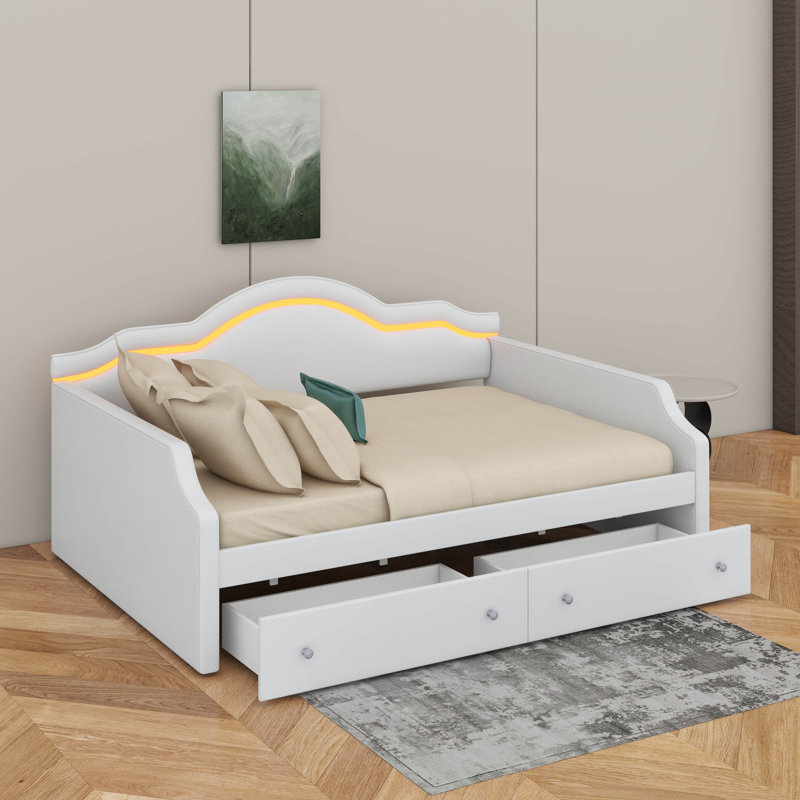 Lit de jour simple tapissier avec DEL et tiroirs, Simple, Beige