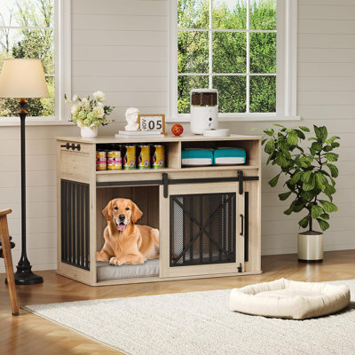 Meuble pour chien 44,5 po avec tiroirs de rangement, table de bout en bois pour chenil avec porte de grange coulissante, cage pour animaux de ferme de taille moyenne et grande