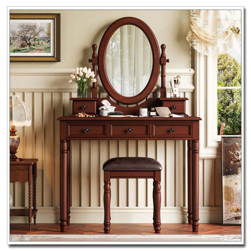 Vintage Vanity Desk Set with Adjustable Mirror and 5 Drawers